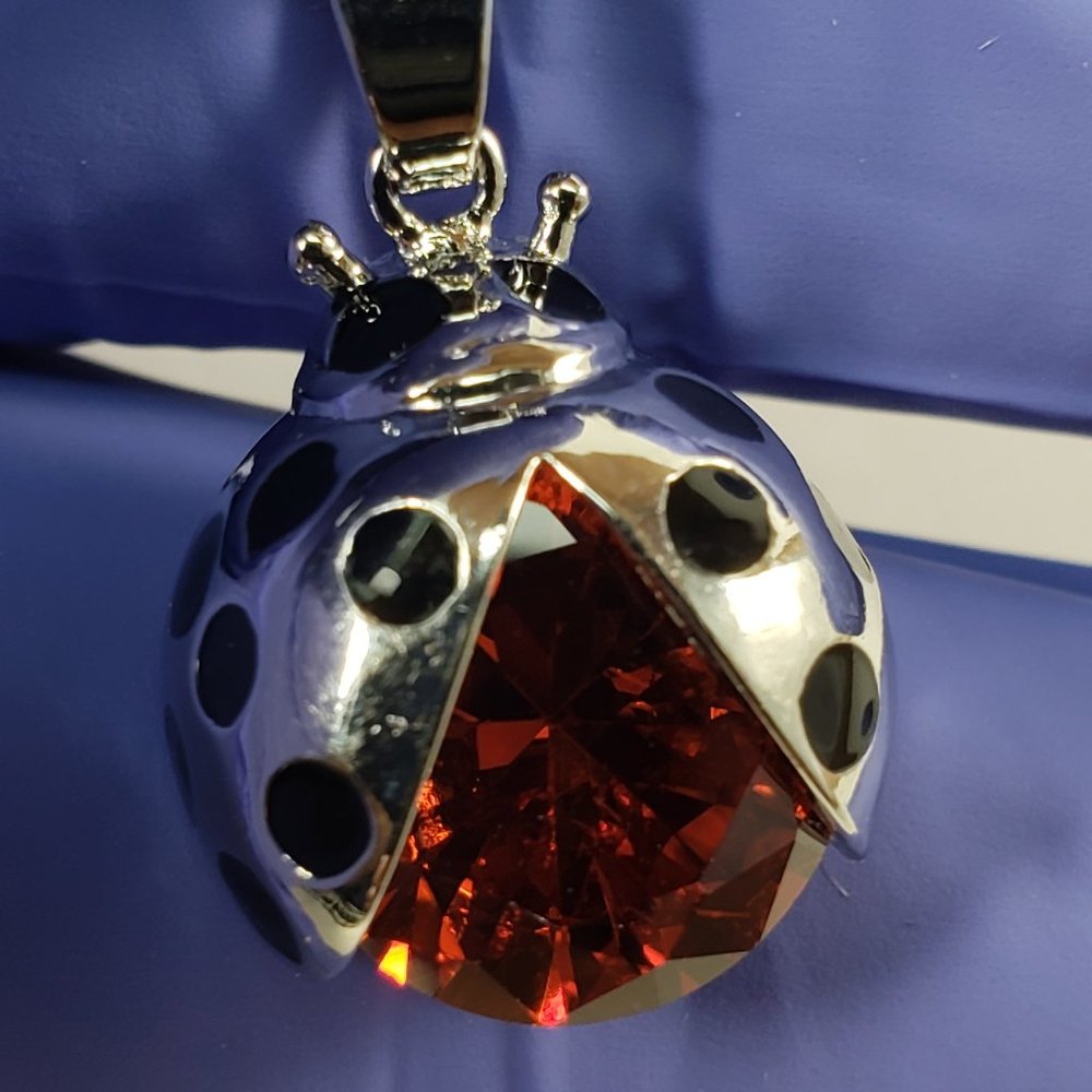Women Sterling Silver overlay Red Ruby Stone Swarovski Crystal Ladybug Necklace - Picture 8 of 10